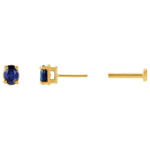 Single Oval Blue Sapphire Stud Earring with Tension Flat Back 14K Yellow Gold