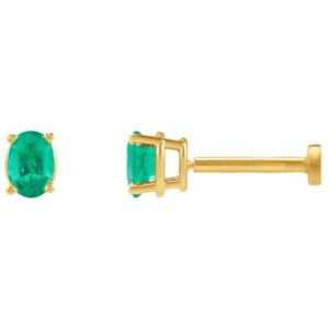 Single Oval Emerald Stud Earring with Flat Back 14K Yellow Gold
