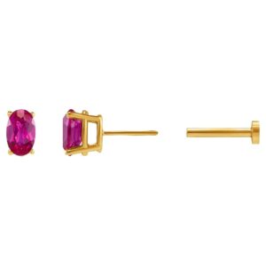 Single Oval Ruby Stud Earring with Tension Flat Back 14K Yellow Gold