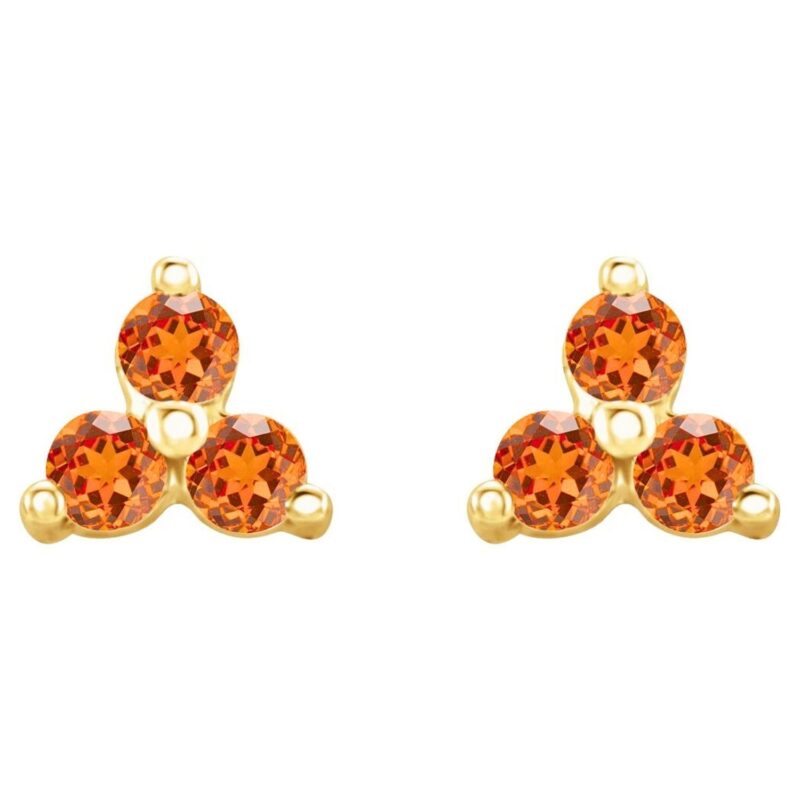 Spessartite Garnet Trio Cluster Stud Earrings 14K Gold