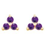 Three Stone Cluster Amethyst Stud Earrings 14K Gold