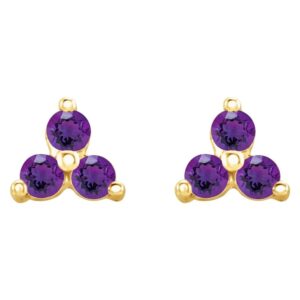 Three Stone Cluster Amethyst Stud Earrings 14K Gold
