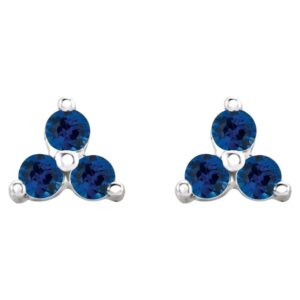 Three Stone Cluster Blue Sapphire Stud Earrings 14K Gold