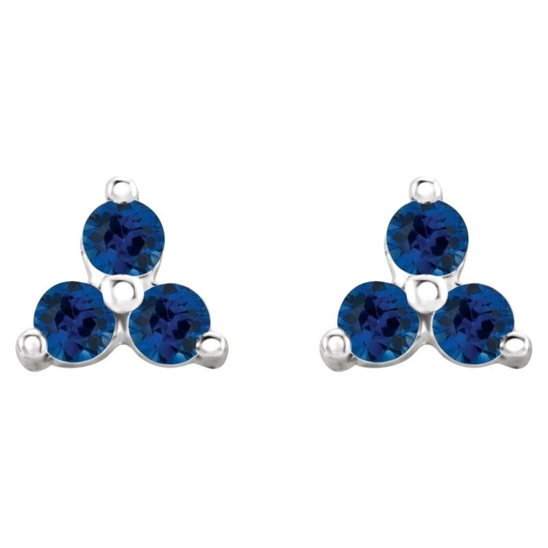 Three Stone Cluster Blue Sapphire Stud Earrings 14K Gold