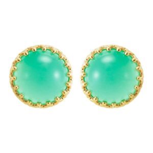 14K Gold Cabochon Green Chrysoprase Crown Stud Earrings