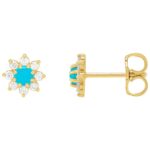 14K Gold Turquoise and Diamond Flower Stud Earrings