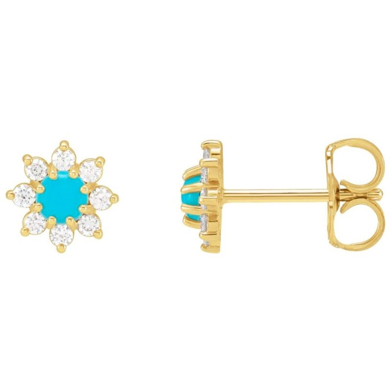 14K Gold Turquoise and Diamond Flower Stud Earrings