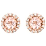 14K Rose Gold Diamond Halo Round Pink Morganite Stud Earrings