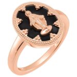 14K Rose Gold Miraculous Medal Ring with Black Enamel