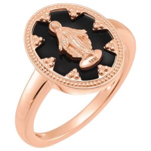 14K Rose Gold Miraculous Medal Ring with Black Enamel