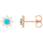 14K Rose Gold Turquoise and Diamond Flower Stud Earrings