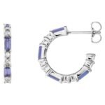 14K White Gold Diamond and Baguette Tanzanite Hoop Earrings 17mm