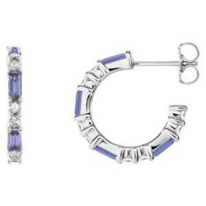 14K White Gold Diamond and Baguette Tanzanite Hoop Earrings 17mm