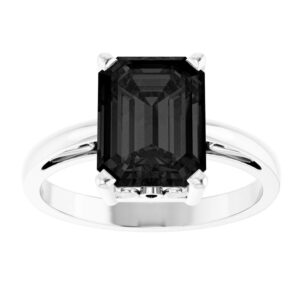 14K White Gold Emerald Cut Black Onyx Solitaire Ring for Women