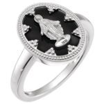 14K White Gold Miraculous Medal Ring with Black Enamel