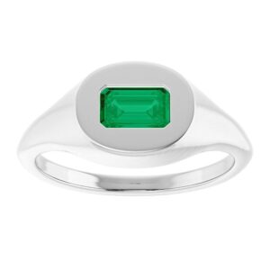 14K White Gold Real Green Emerald Signet Ring