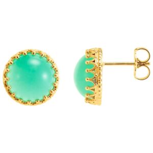 14K Yellow Gold Cabochon Green Chrysoprase Crown Stud Earrings