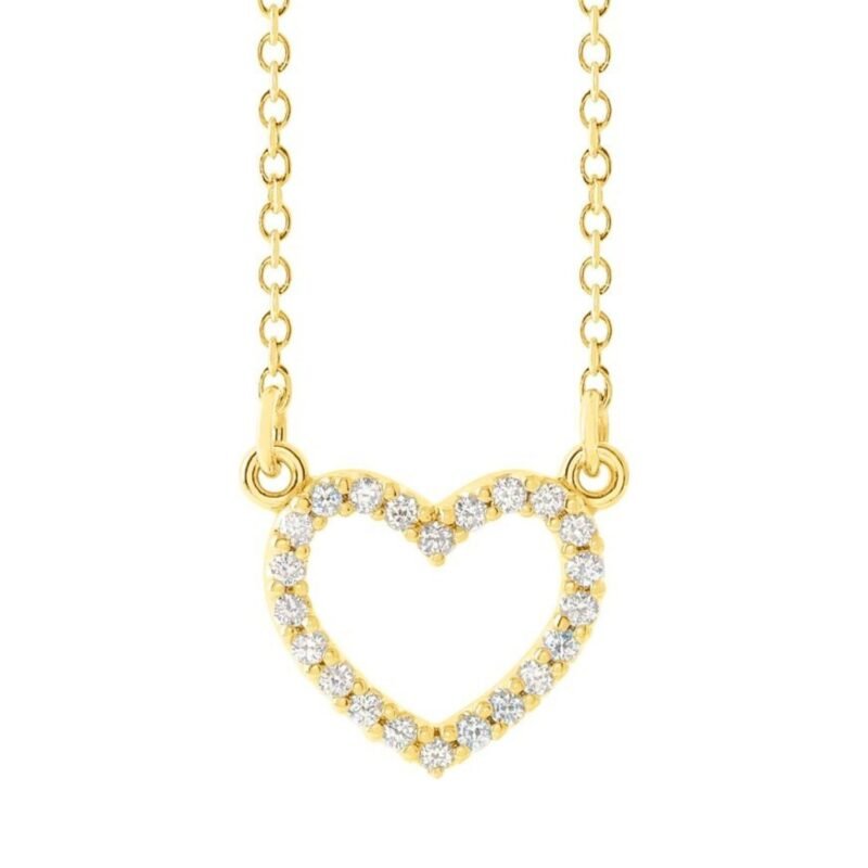 14K Yellow Gold Diamond Pave Hollow Heart Necklace