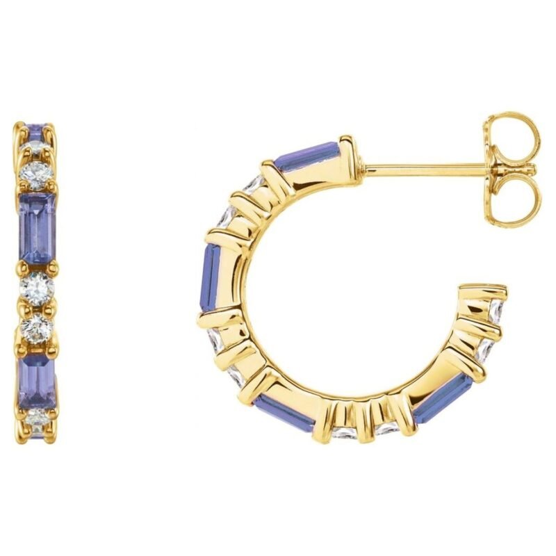 14K Yellow Gold Diamond and Baguette Tanzanite Hoop Earrings 17mm