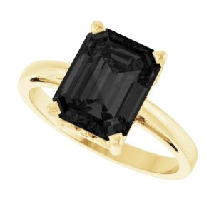 14K Yellow Gold Emerald Cut Black Onyx Solitaire Ring for Women