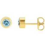 Bezel Set 4mm Round Aquamarine Stud Earrings 14K Yellow Gold