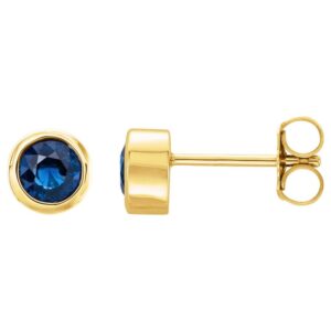 Bezel Set 4mm Round Blue Sapphire Stud Earrings 14K Yellow Gold
