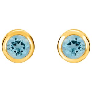 Bezel Set 4mm Round Blue Zircon Stud Earrings 14K Gold