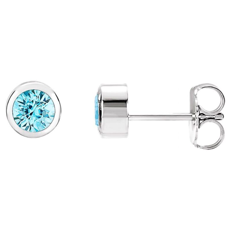 Bezel Set 4mm Round Blue Zircon Stud Earrings 14K White Gold