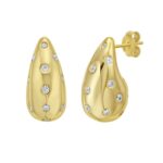 CZ Pave Puffed Raindrop Drop Earrings Gold Plated Silver