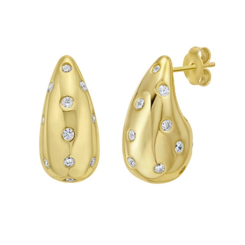 CZ Pave Puffed Raindrop Drop Earrings Gold Plated Silver
