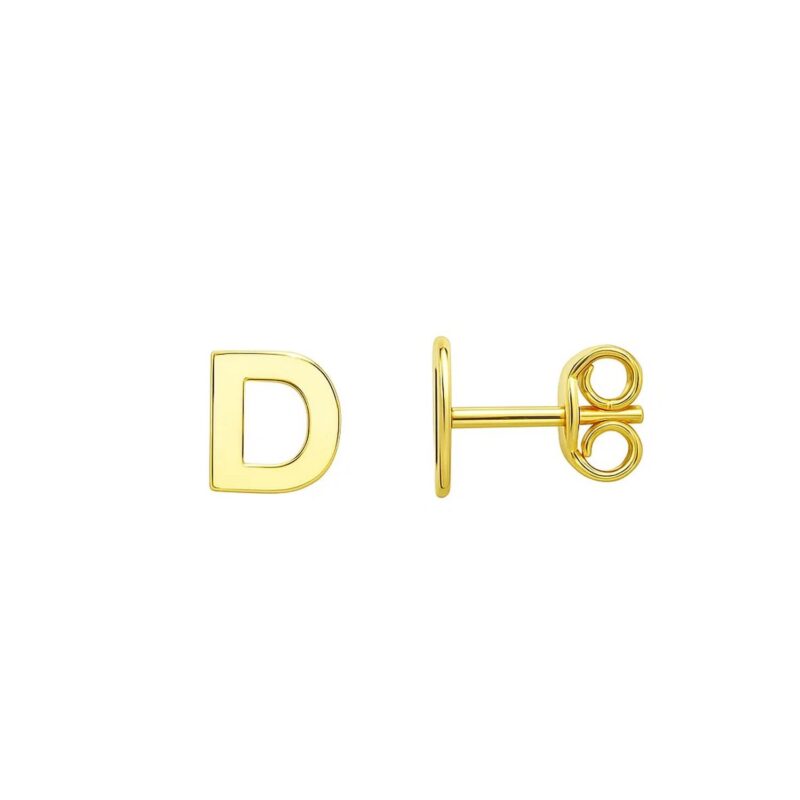 Small Initial D Stud Earrings 14K Yellow Gold