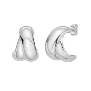 Sterling Silver Puffed Double Row Crossover C Hoop Earrings