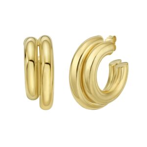 Sterling Silver Yellow Gold Plated Double Row Big and Small Round Hoop Earrings