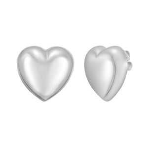 Sterling Silver Rhodium Plated Puffed Large Heart Stud Earrings