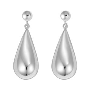 Sterling Silver Rhodium Plated Puffed Teardrop Dangle Earrings