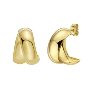 Sterling Silver Yellow Gold Plated Puffed Double Row Crossover C Hoop Earrings