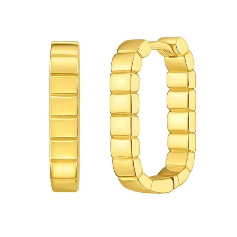 Rectangular Patterned 14K Yellow Gold Small Oblong Hoop Earrings 14mm