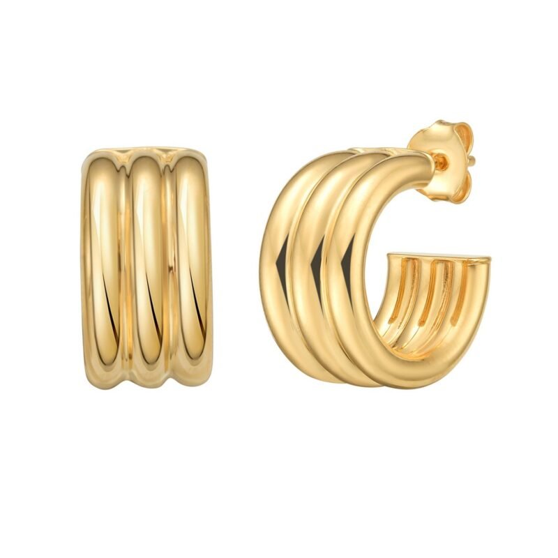 Yellow Gold Plated Sterling Silver Chunky Triple Row C Hoop Earrings