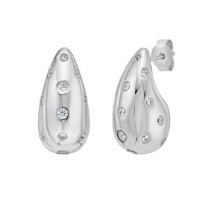 Sterling Silver Puffed Raindrop with Cubic Zirconia Stones Earrings
