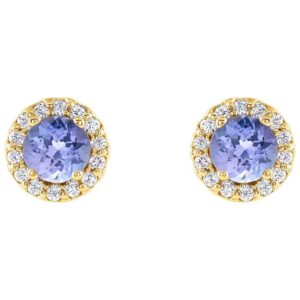 Diamond Halo Tanzanite Stud Earrings 14K Gold