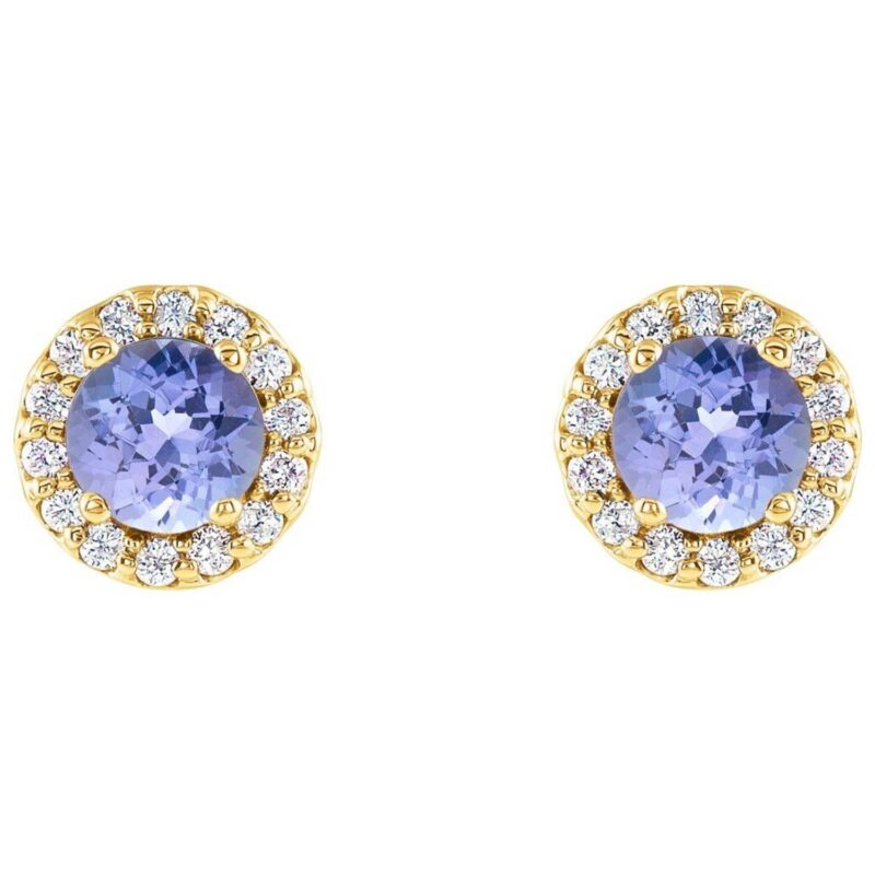 Diamond Halo Tanzanite Stud Earrings 14K Gold