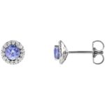 Diamond Halo Tanzanite Stud Earrings 14K White Gold