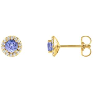 Diamond Halo Tanzanite Stud Earrings 14K Yellow Gold