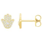 Diamond Hamsa Hand Stud Earrings 14K Yellow Gold