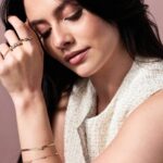 Model Wearing 14K Yellow Gold Diamond Station Stackable Ring 18 CT