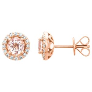 Real 14K Rose Gold Diamond Halo Round Pink Morganite Stud Earrings