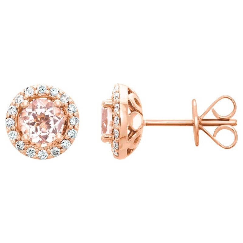 Real 14K Rose Gold Diamond Halo Round Pink Morganite Stud Earrings