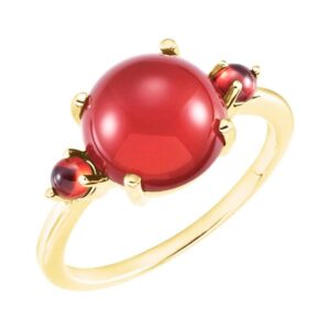 Real 14k Gold Cabochon Three-Stone Red Carnelian Ring for Women
