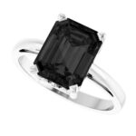 Solid 14K White Gold Emerald Cut Black Onyx Solitaire Ring for Women