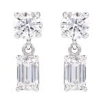 14K white Gold Two Stone Emerald Cut Lab Grown Diamond Dangle Earrings